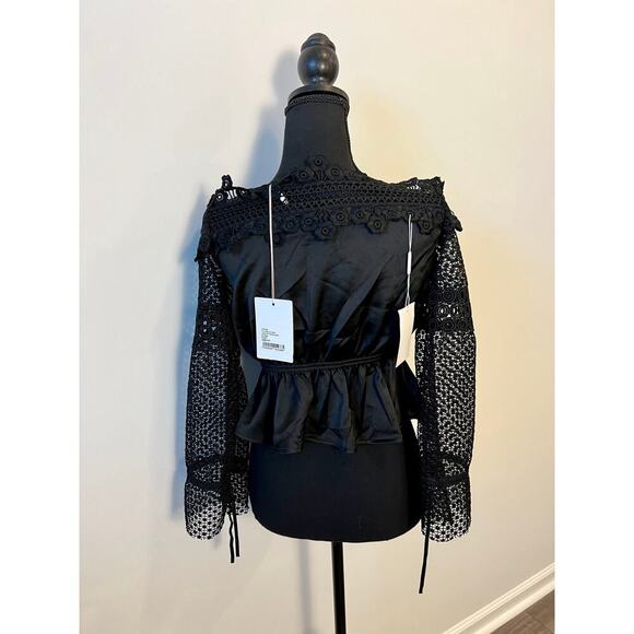 Self Portrait Crepe Lace Off-Shoulder Blouse in Black Size 2 Embroidered Floral - Picture 2 of 4